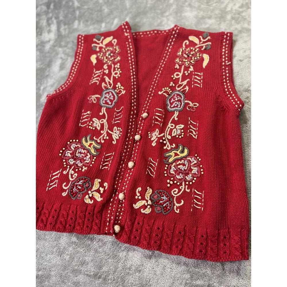 Vintage 90's Susan Bristol Women's Sweater Knit Vest Red Hand Embroidered L/XL